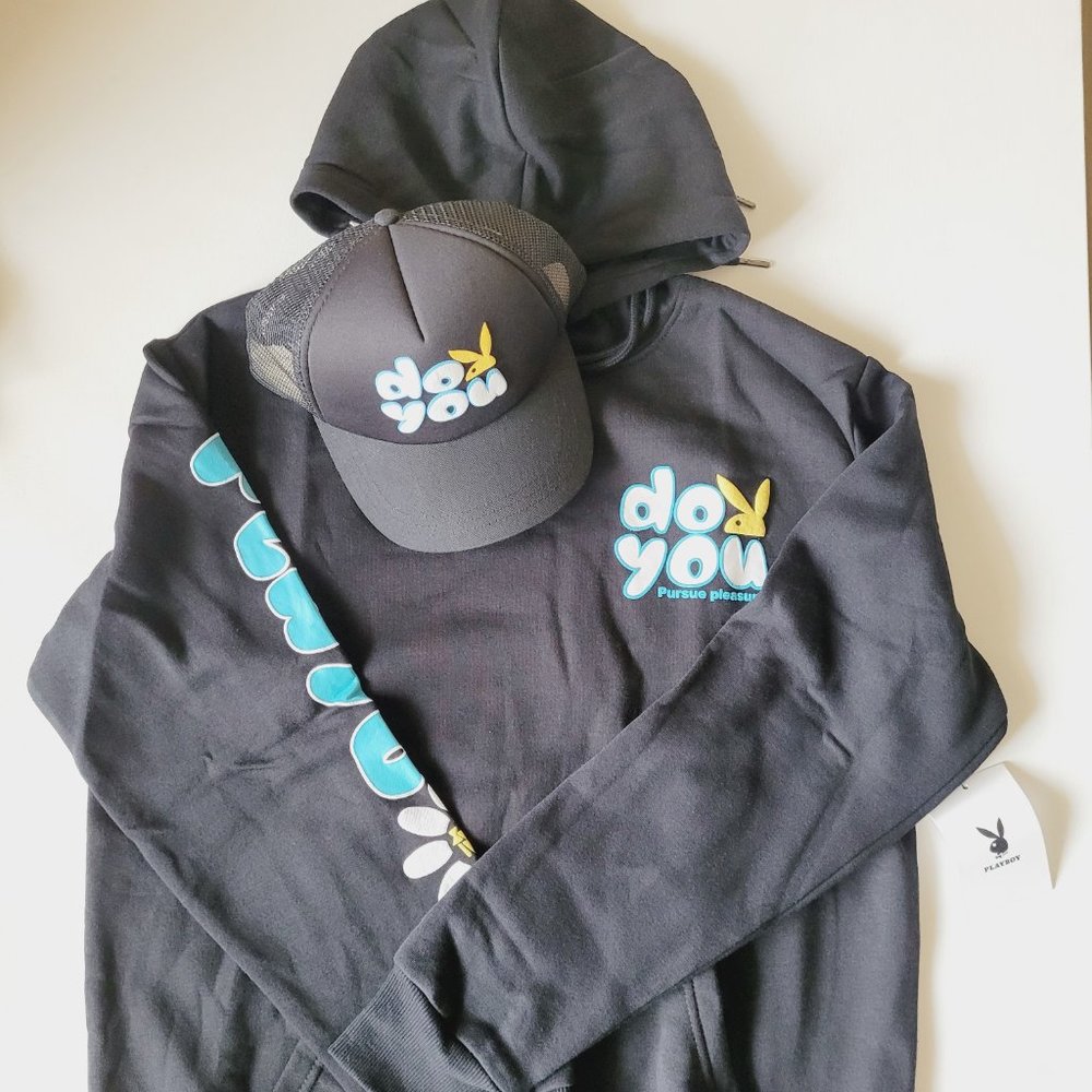 PLAYBOY Unisex Black Hoodie with Graphic Print Size Small